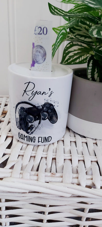 personalised Gamer Money Box: Ceramic Gaming Fund Savings Pot