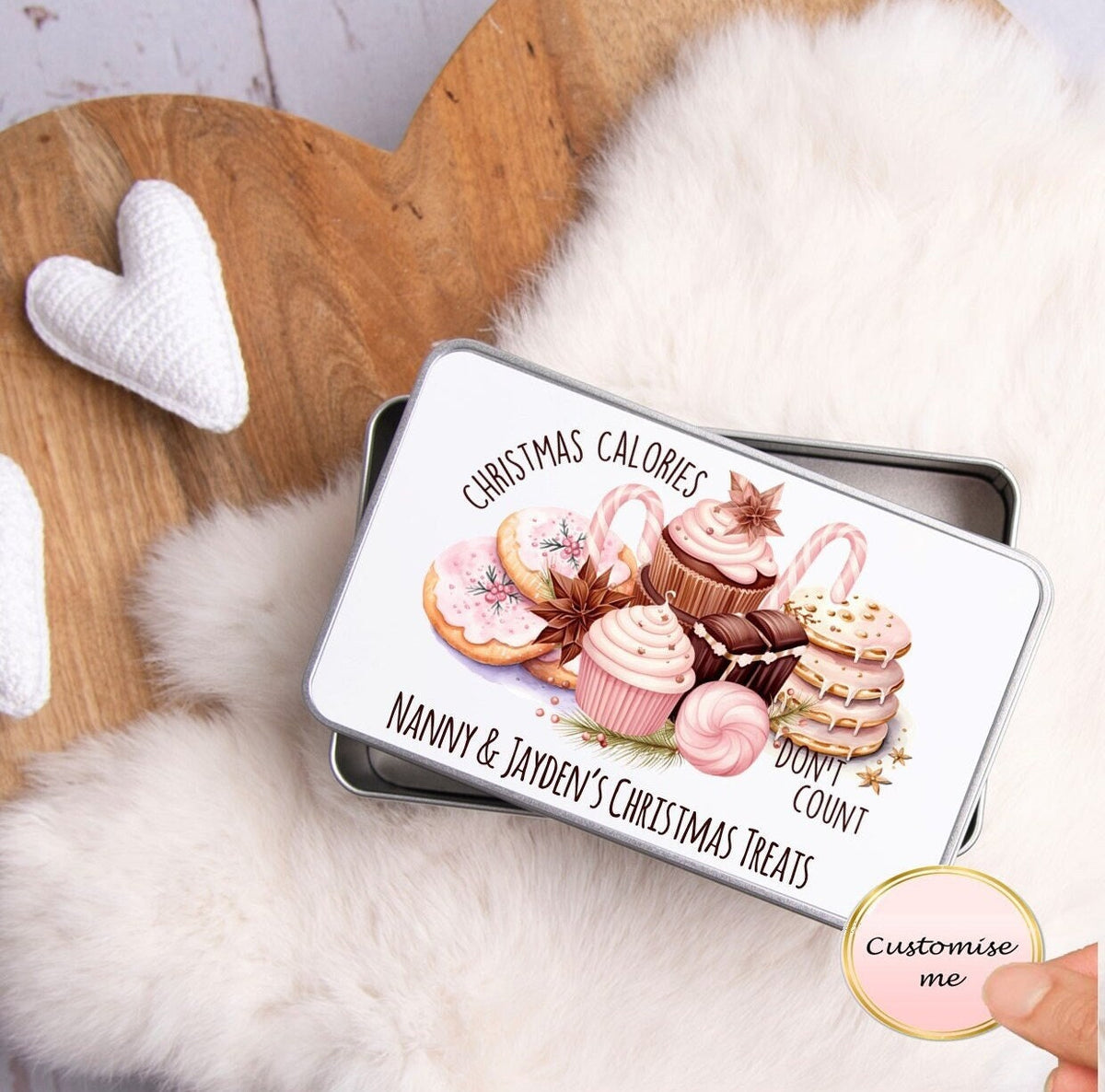 Personalised Christmas Treat Tin - Christmas calories don't count.  Sweet tin for Nan, Christmas sweet tin