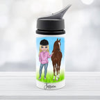 Personalized water bottle with a design of a girl and horse, featuring the name 'Jessica'.