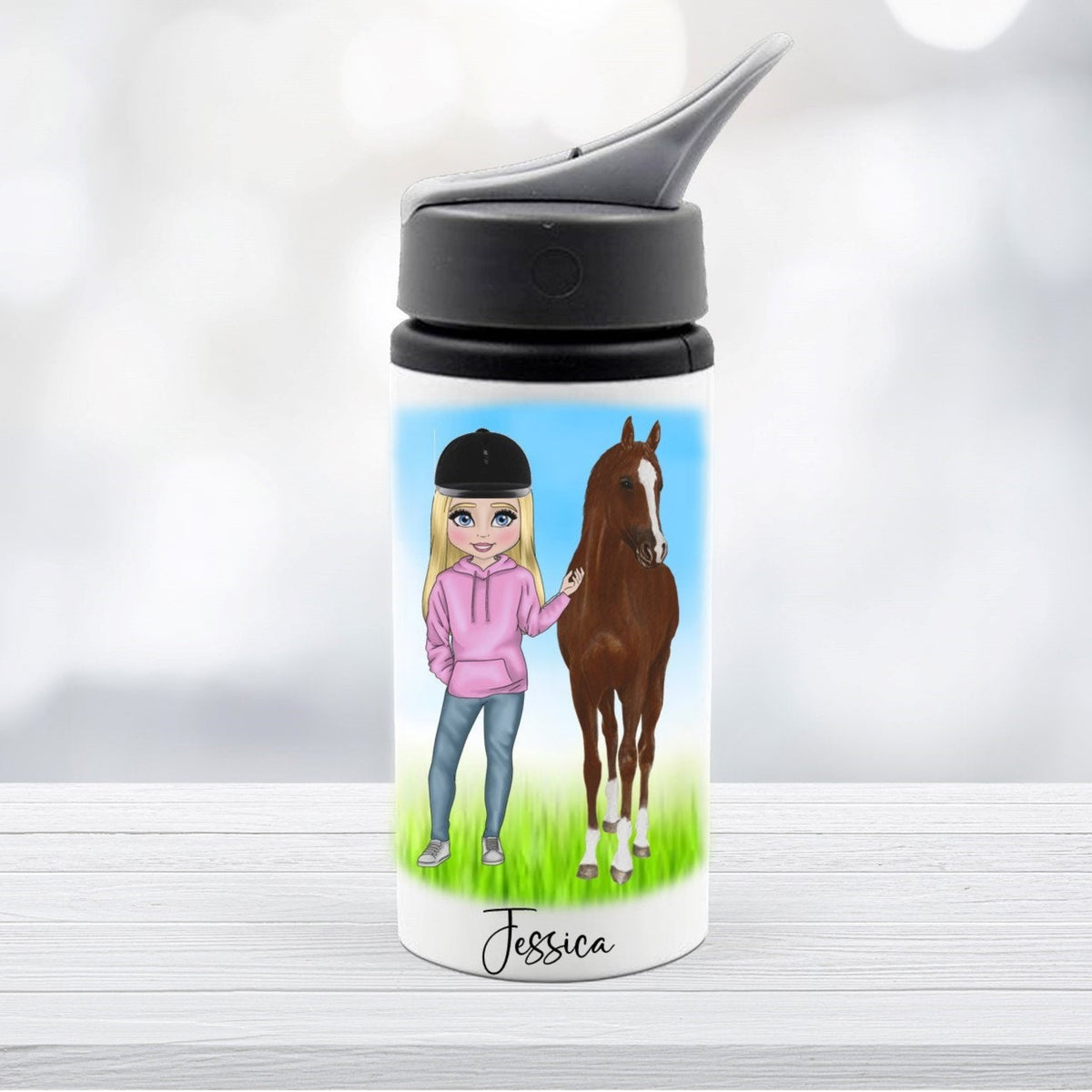 Personalized water bottle with a design of a girl and horse, featuring the name 'Jessica'.