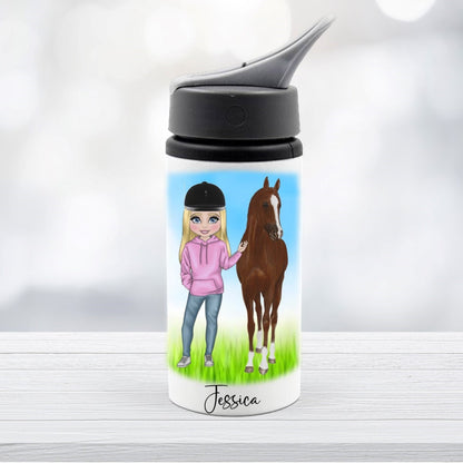 Personalized water bottle with a design of a girl and horse, featuring the name 'Jessica'.
