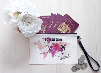 Personalised family passport holder, travel document storage, travel bag