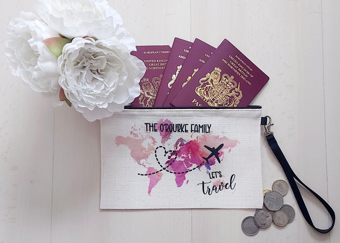 Personalised family passport holder, travel document storage, travel bag