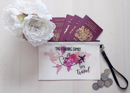 Personalised family passport holder, travel document storage, travel bag