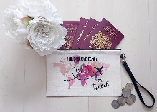 Personalised family passport holder, travel document storage, travel bag