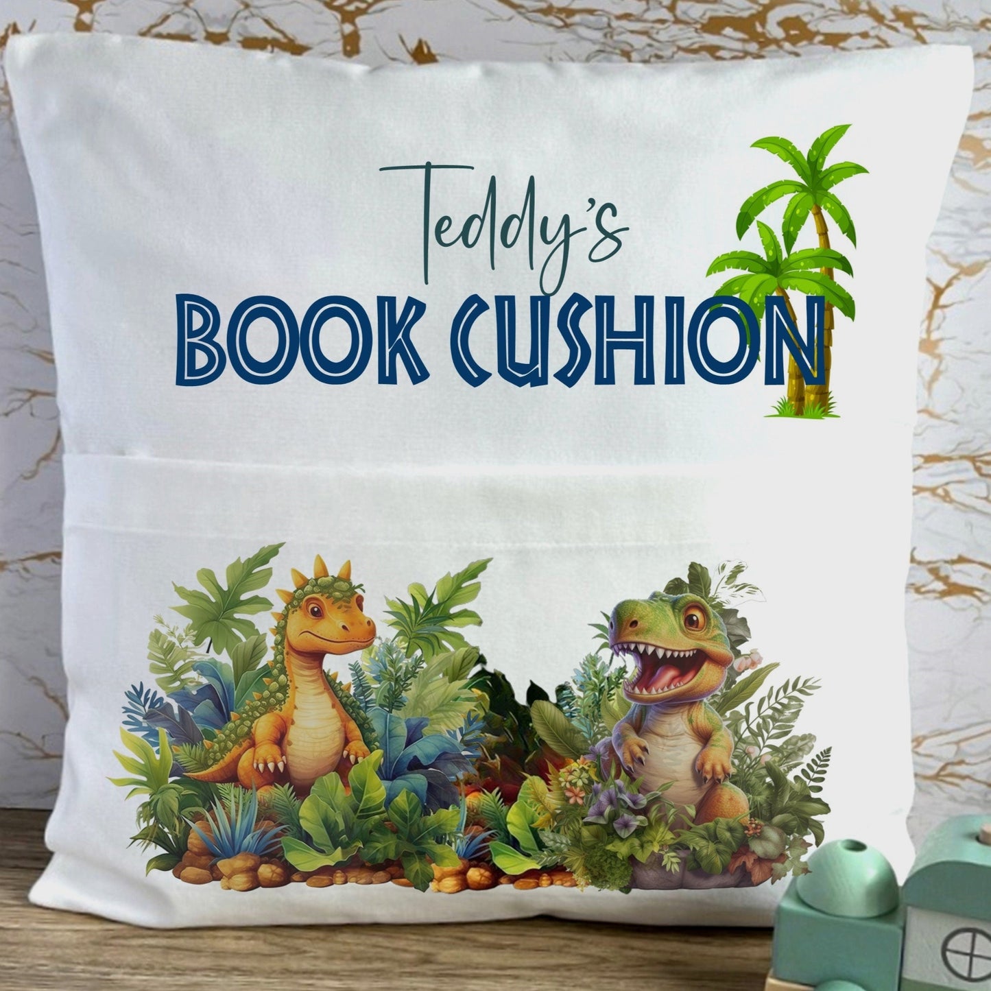 Personalised dinosaur pocket reading cushion