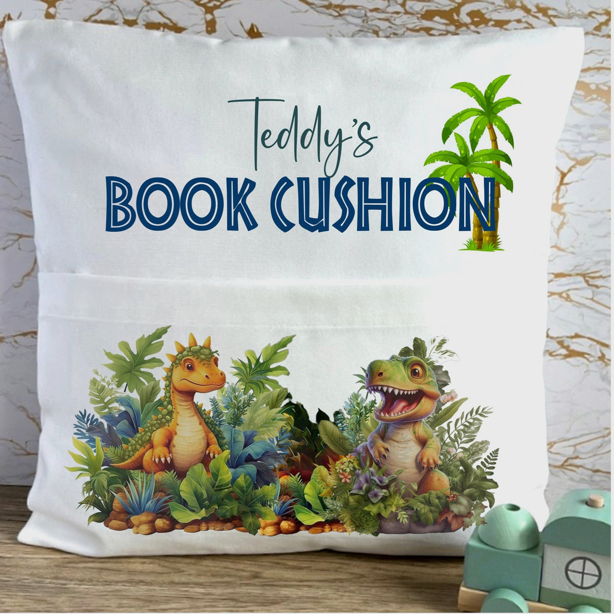 Personalised boys' dinosaur reading cushion