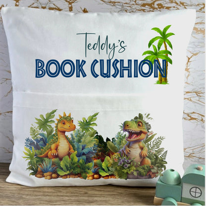 Personalised boys' dinosaur reading cushion, boys dinosaur cushion, pocket cushion for boys