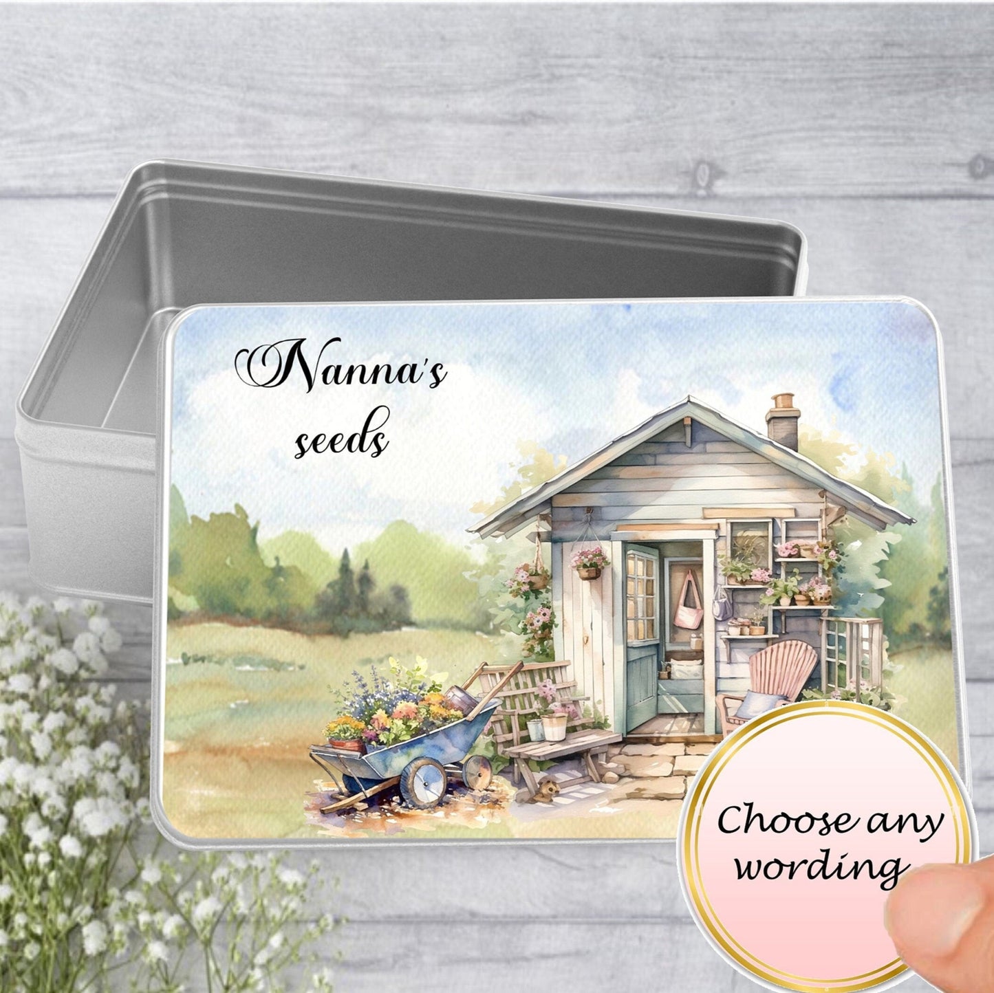 Nanna's seeds garden themed storage tin - choose your wording