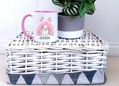 personalised Easter Mug: Pink Bunny Rainbow, Girl's Gift