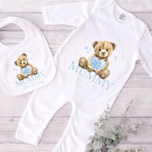 Personalised Mother's Day baby vest, Personalised Baby Gift, teddy bear baby vest, blue baby boy gift -