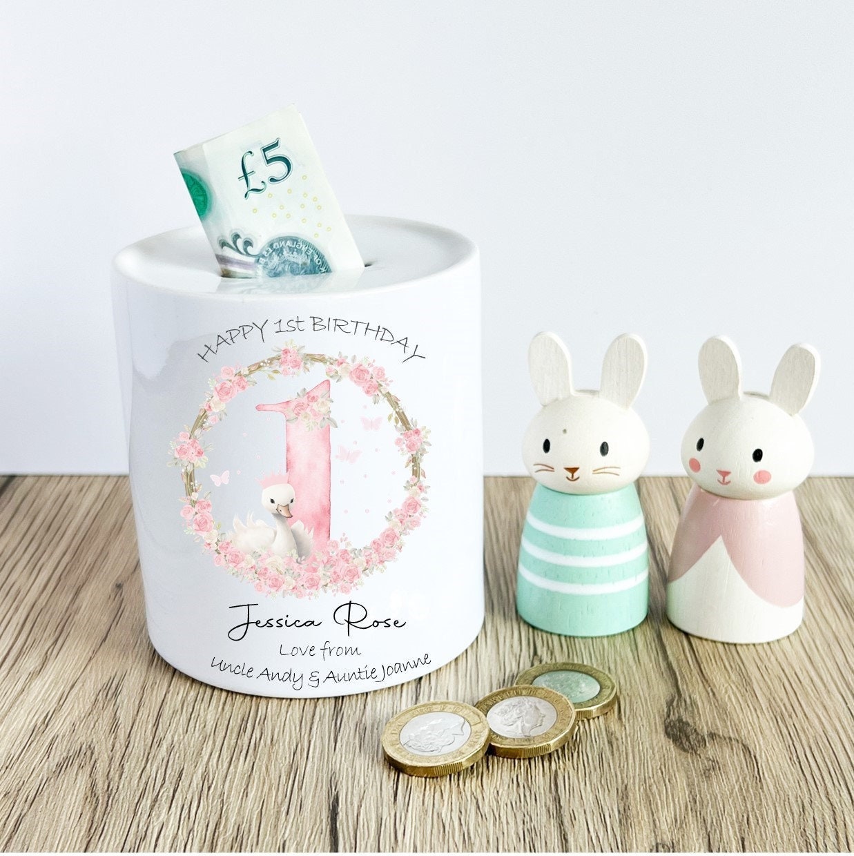 Personalised swan 1st birthday Money Box