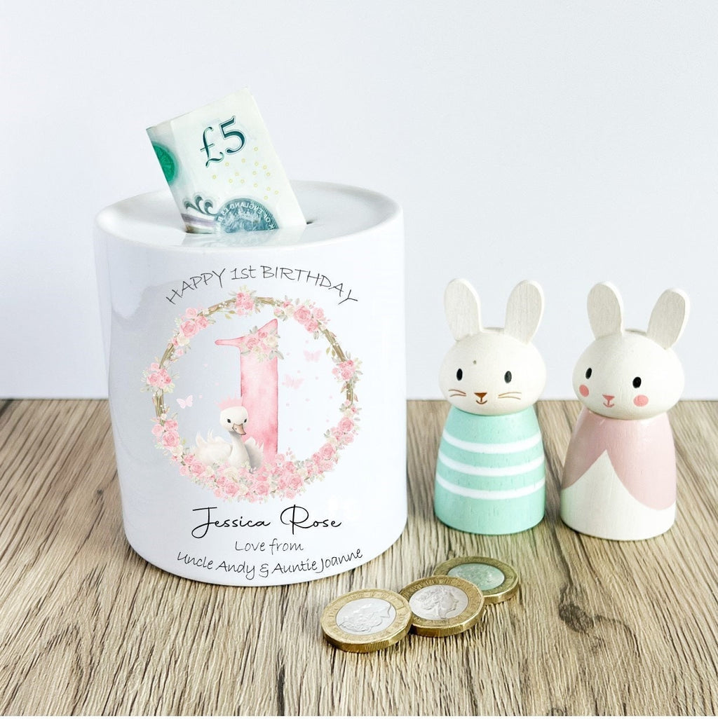 Personalised 1st birthday Swan Money Box - Baby Girl's 1st Birthday Gift, baby's first birthday keepsake present