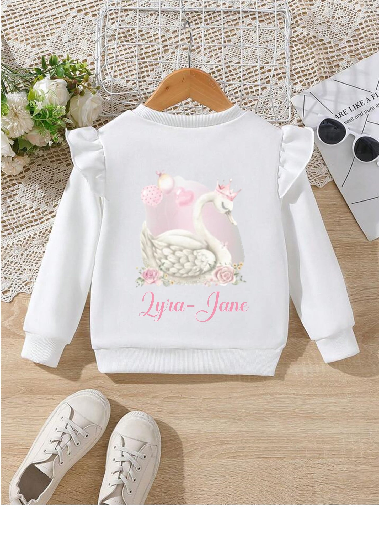 Girls/toddlers personalised swan frilled sleeve sweatshirt