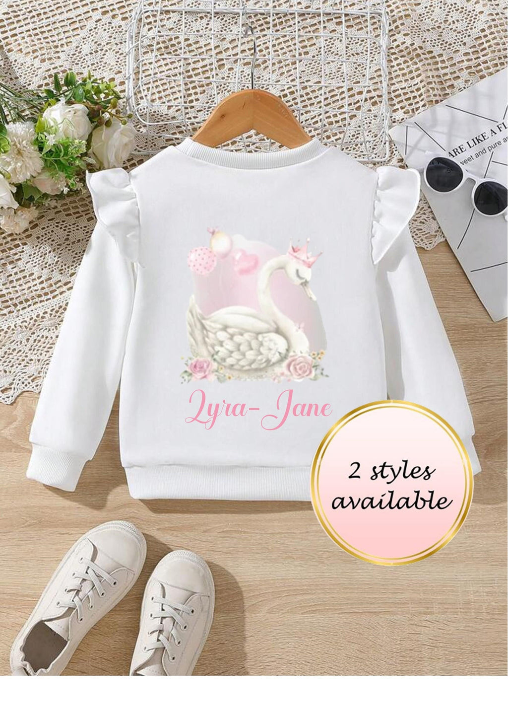 Girls/toddlers swan sweatshirt, frill sweatshirt, birthday top