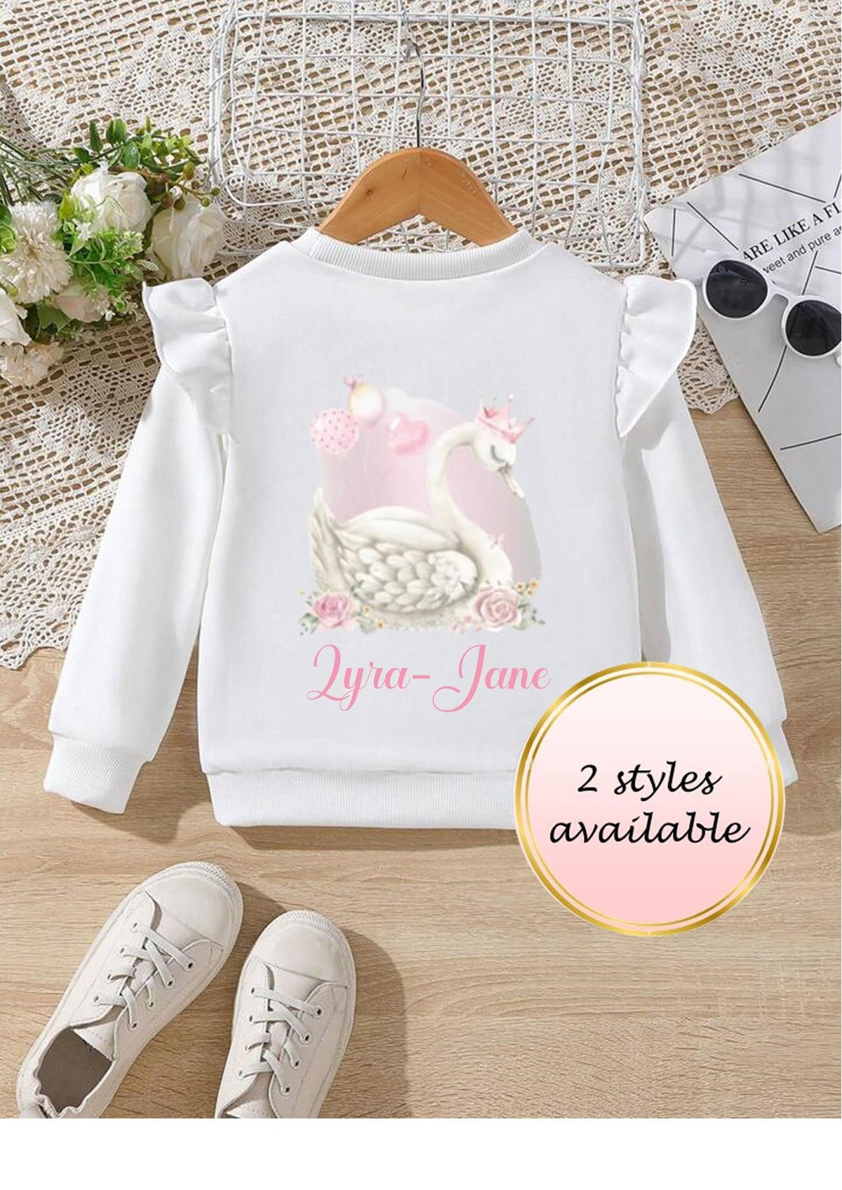 Girls/toddlers swan sweatshirt, frill sweatshirt, birthday top