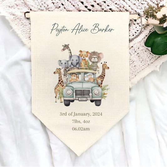 Personalised Safari Adventure Baby Pennant – Cute Jungle Theme Nursery Flag