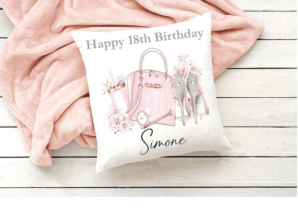 Personalised 18th Birthday Cushion, handbag and heels birthday gift, 18th birthday keepsake gift, personalised 18th birthday gift