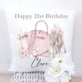 personalised 21st Birthday Cushion: Rose Gold Handbag & Heels Keepsake