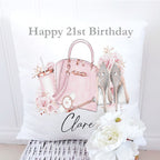 personalised 21st Birthday Cushion: Rose Gold Handbag & Heels Keepsake