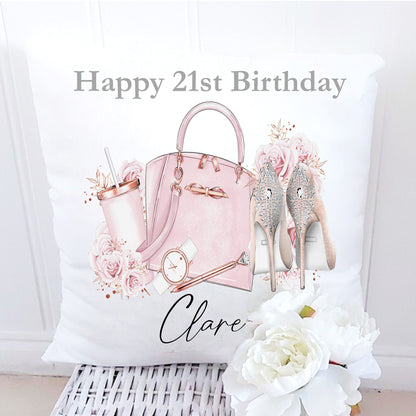 personalised 21st Birthday Cushion: Rose Gold Handbag & Heels Keepsake