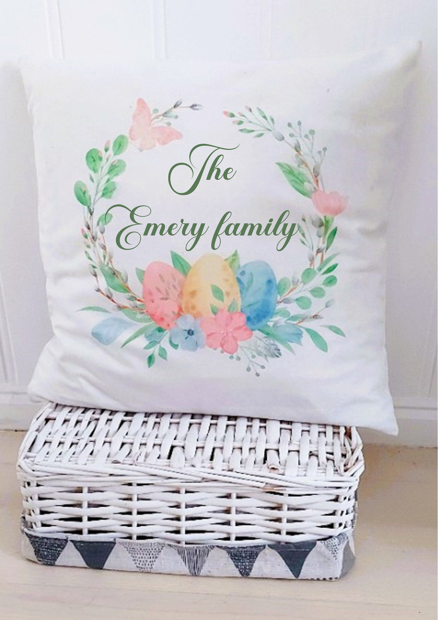 Personalised family Easter wreath cushion