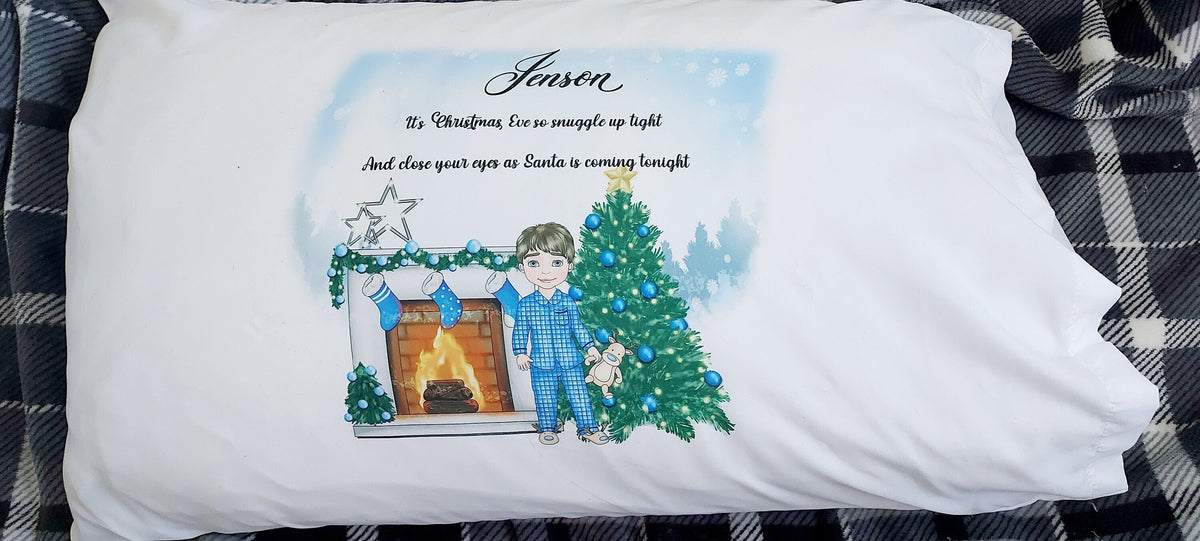 personalised Boy's Christmas Eve Pillowcase: Christmas Tree Fireplace Design