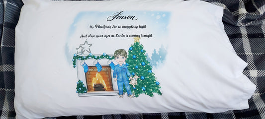 Personalised boy's blue Christmas Eve pillowcase - choose your own character