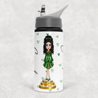 Water bottle with a design of a woman in a green dress on a white background