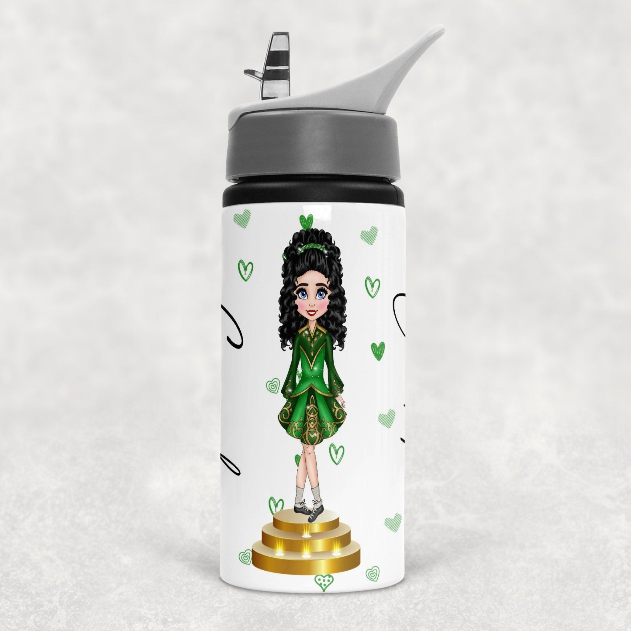 Water bottle with a design of a woman in a green dress on a white background