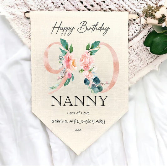 Personalised ladies 90th birthday pennant flag, rose gold birthday gift, 90th birthday gift