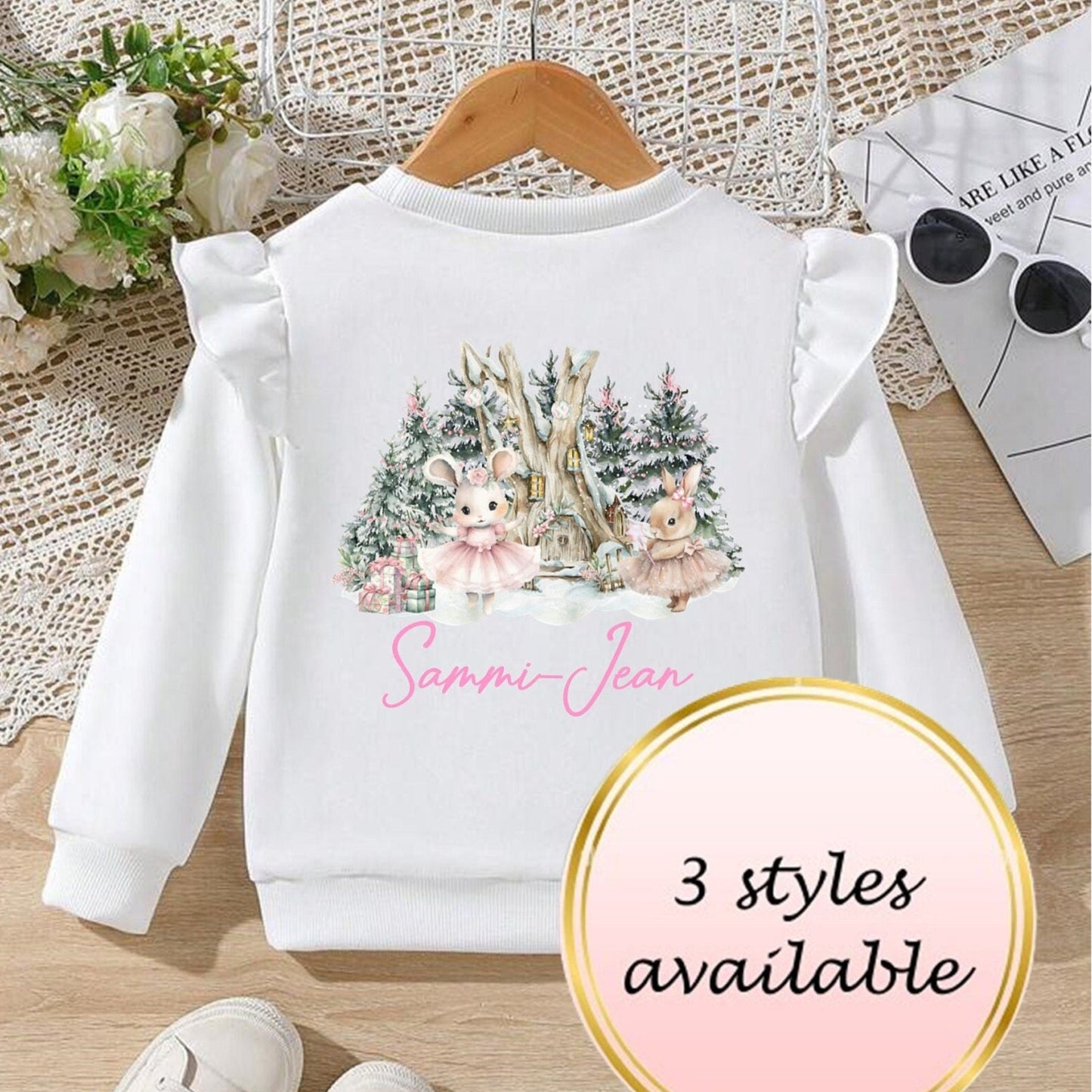 Girls / toddlers Christmas mouse sweatshirt, frill sweatshirt, birthday top
