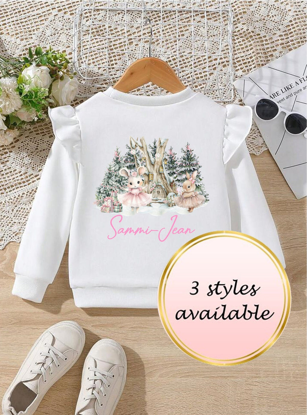 Girls / toddlers Christmas mouse sweatshirt, frill sweatshirt, birthday top