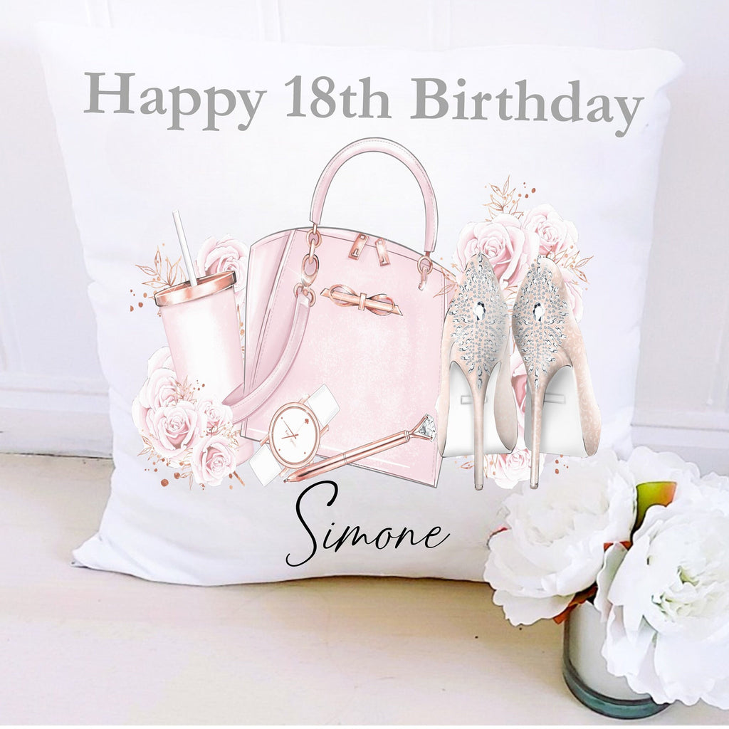 Personalised 18th Birthday Cushion, handbag and heels birthday gift, 18th birthday keepsake gift, personalised 18th birthday gift