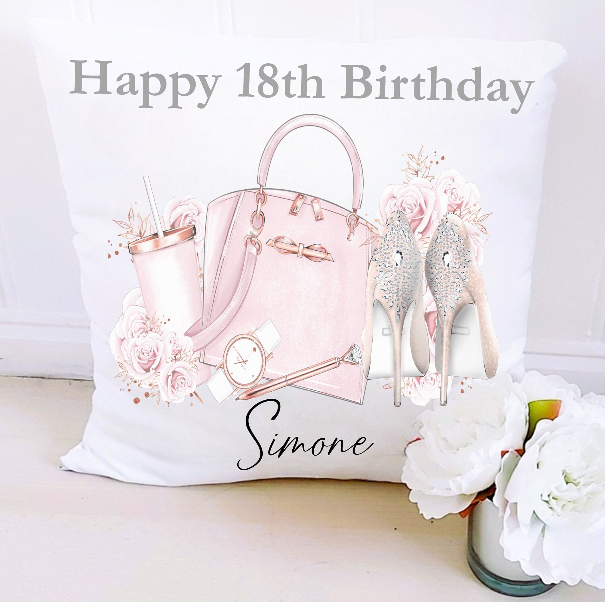 Personalised 18th Birthday Cushion, handbag and heels birthday gift, 18th birthday keepsake gift, personalised 18th birthday gift