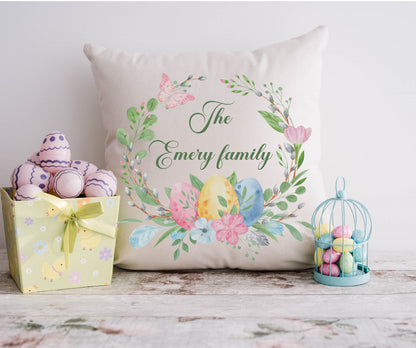 personalised Easter Wreath Cushion: Family Name Easter Gift