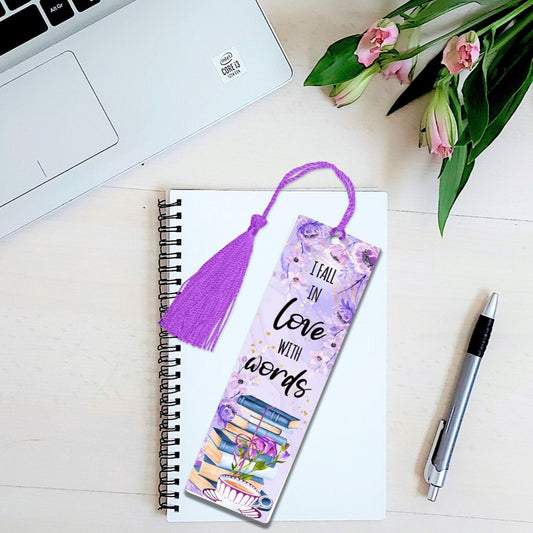Personalised purple Fall in Love With Books metal bookmark