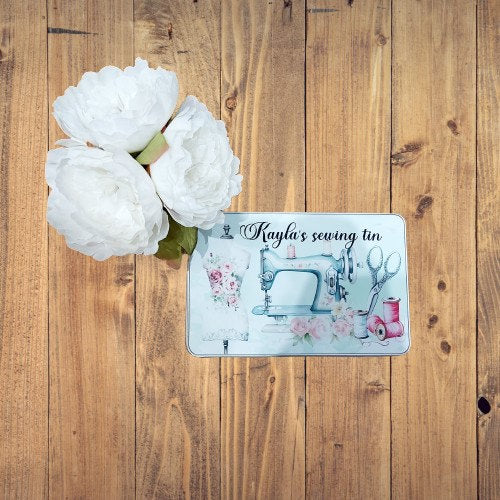personalised Sewing Tin: Multicoloured Sewing Design, Gift for Nan