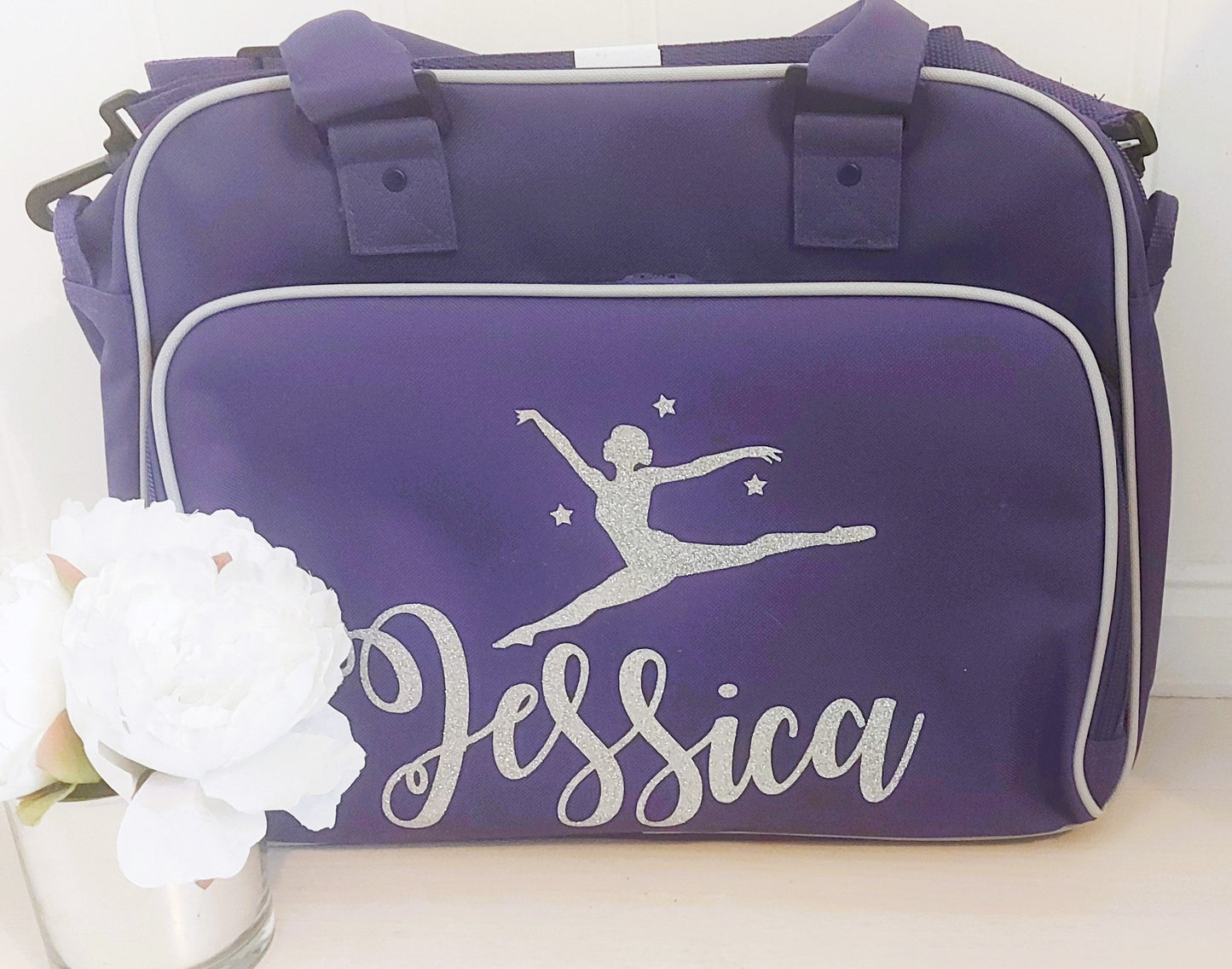 Personalised ballet dance bag - purple with silver-grey trim