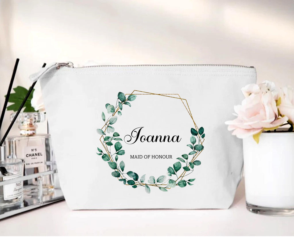 personalised Bridal Party Makeup Bag: Eucalyptus Wreath Gift