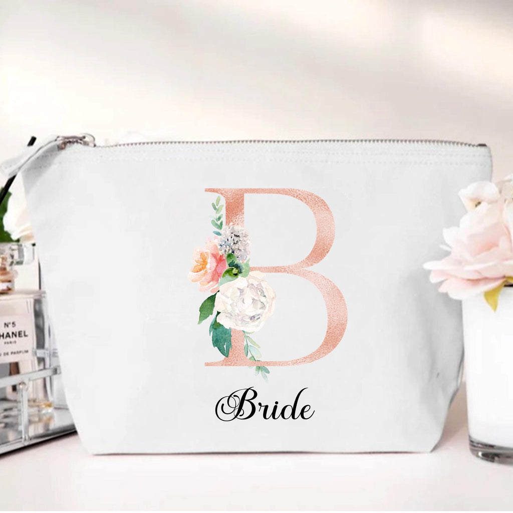 personalised Floral Bridal Party Makeup Bag: Rose Gold Monogram