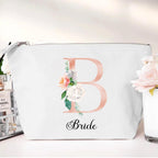 personalised Floral Bridal Party Makeup Bag: Rose Gold Monogram