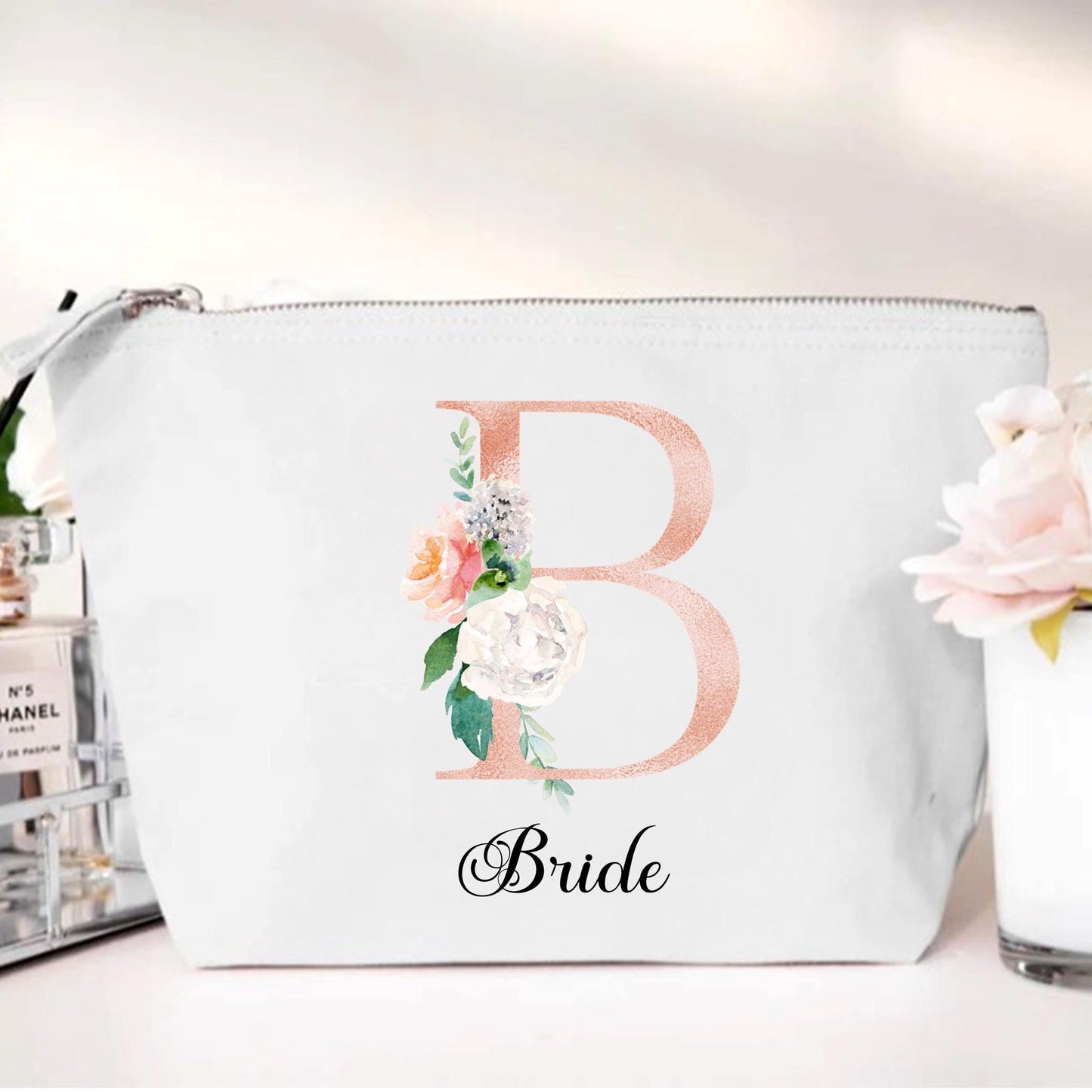 personalised Floral Bridal Party Makeup Bag: Rose Gold Monogram
