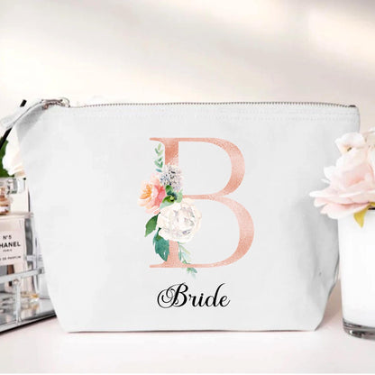 personalised Floral Bridal Party Makeup Bag: Rose Gold Monogram