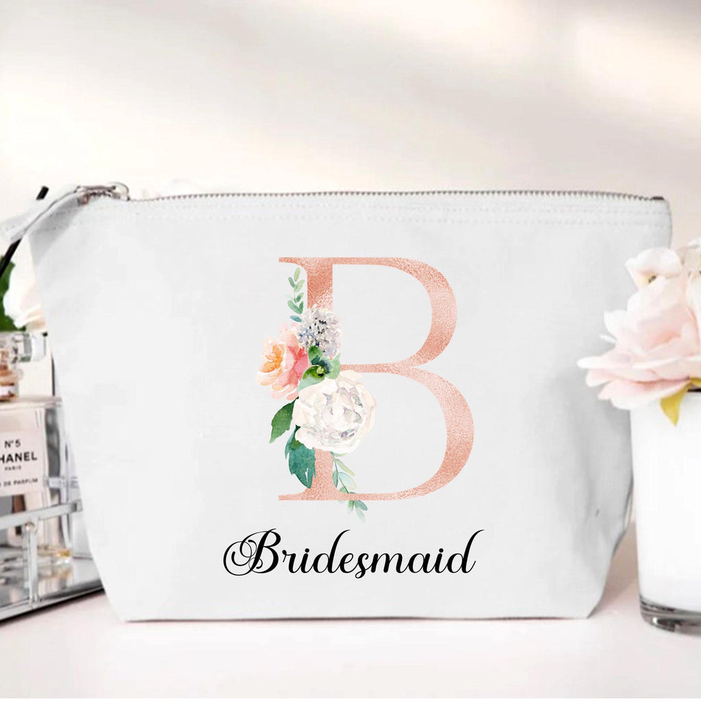 personalised Floral Bridal Party Makeup Bag: Rose Gold Monogram