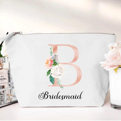 personalised Floral Bridal Party Makeup Bag: Rose Gold Monogram