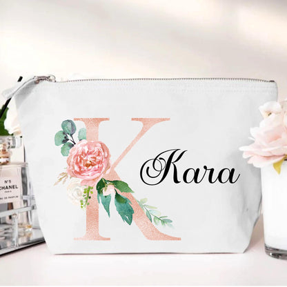 personalised Floral Bridal Party Makeup Bag: Rose Gold Monogram