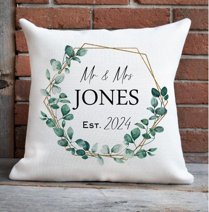 Personalised Eucalytpus Wreath Wedding Cushion, wedding gift for the couple, wedding present cushion