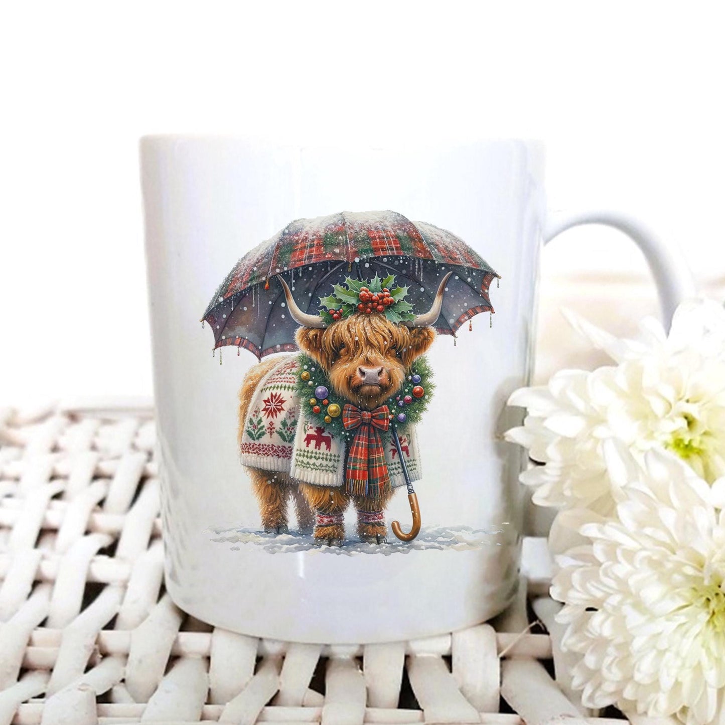 Personalised red inner Christmas highland cow mug