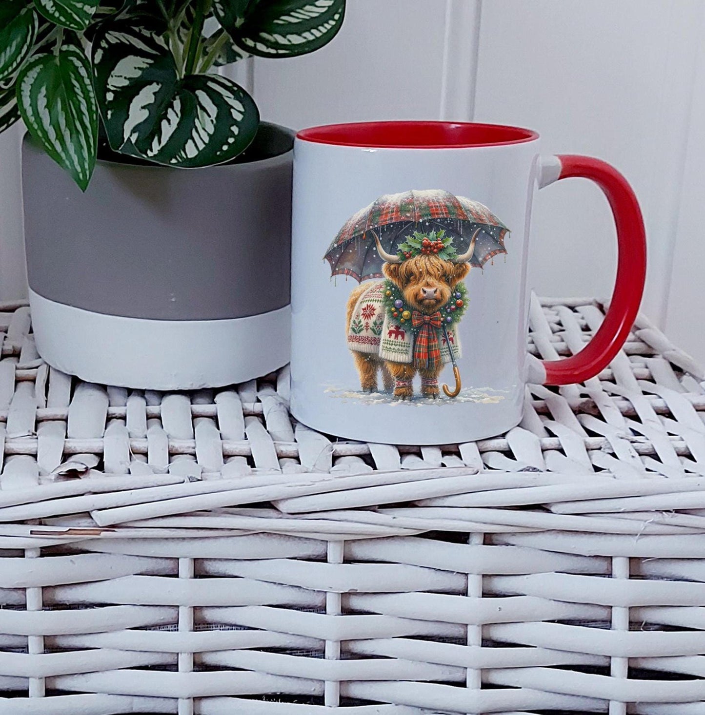 Personalised red inner Christmas highland cow mug